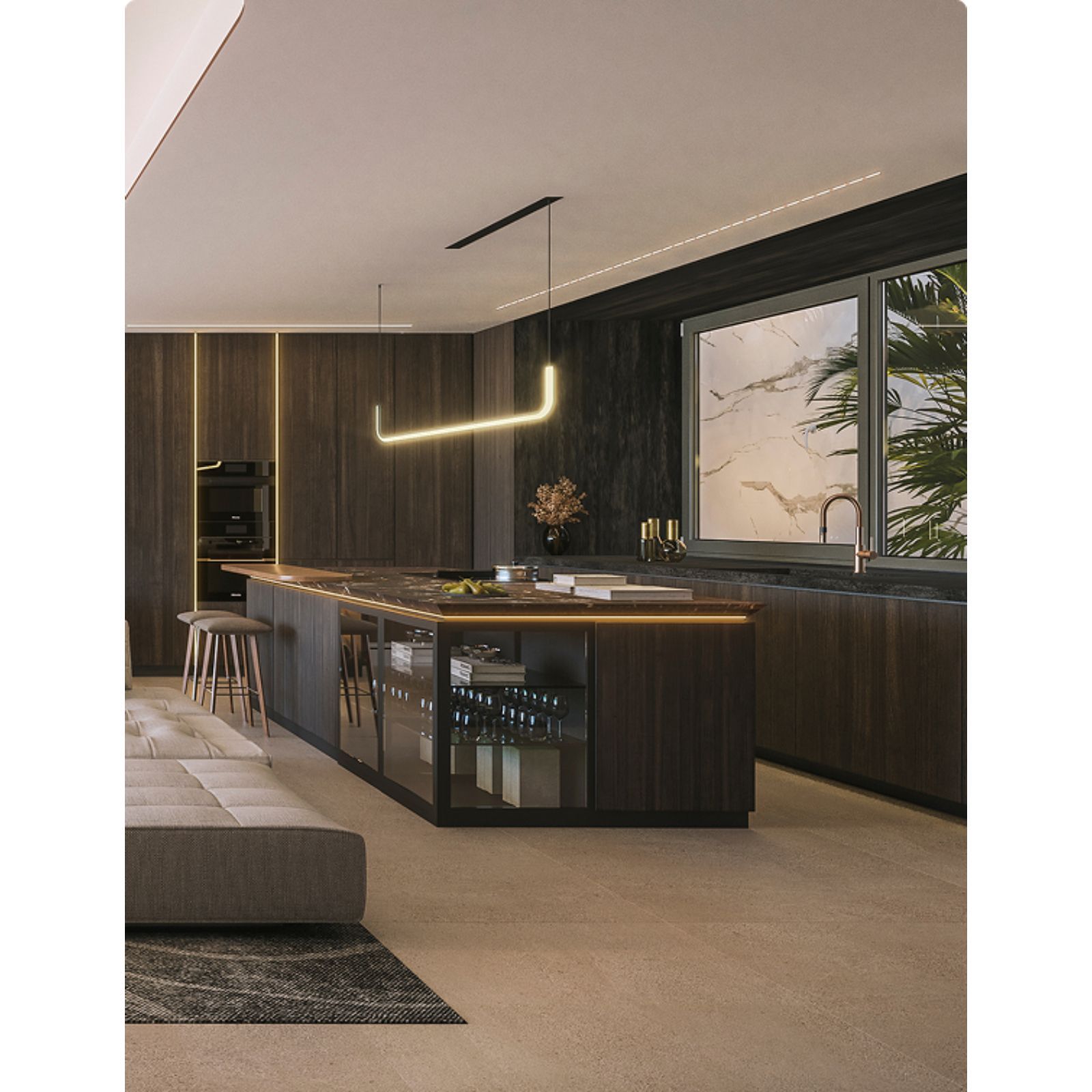 Moderne keuken met eiland en donkere houten afwerking